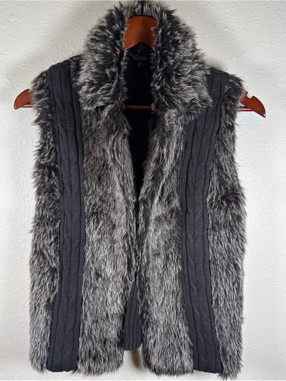 Vintage Y2K XOXO Brown Faux Fur Cable Knit Vest Indie Sleaze Mob Wife Glam Lux L